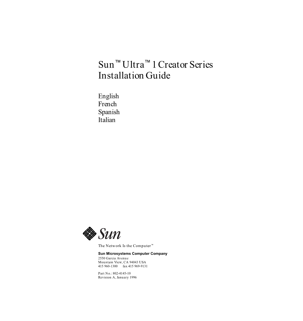 Sun Ultra 1 Creator Series Installation Guide