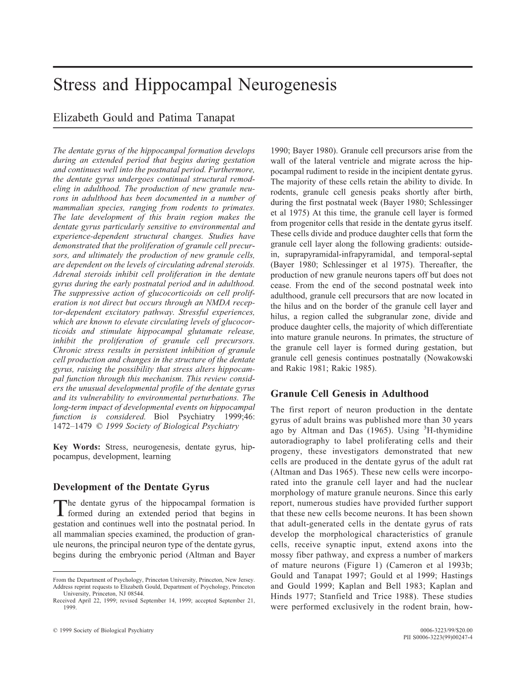 Stress and Hippocampal Neurogenesis. Biological Psychiatry