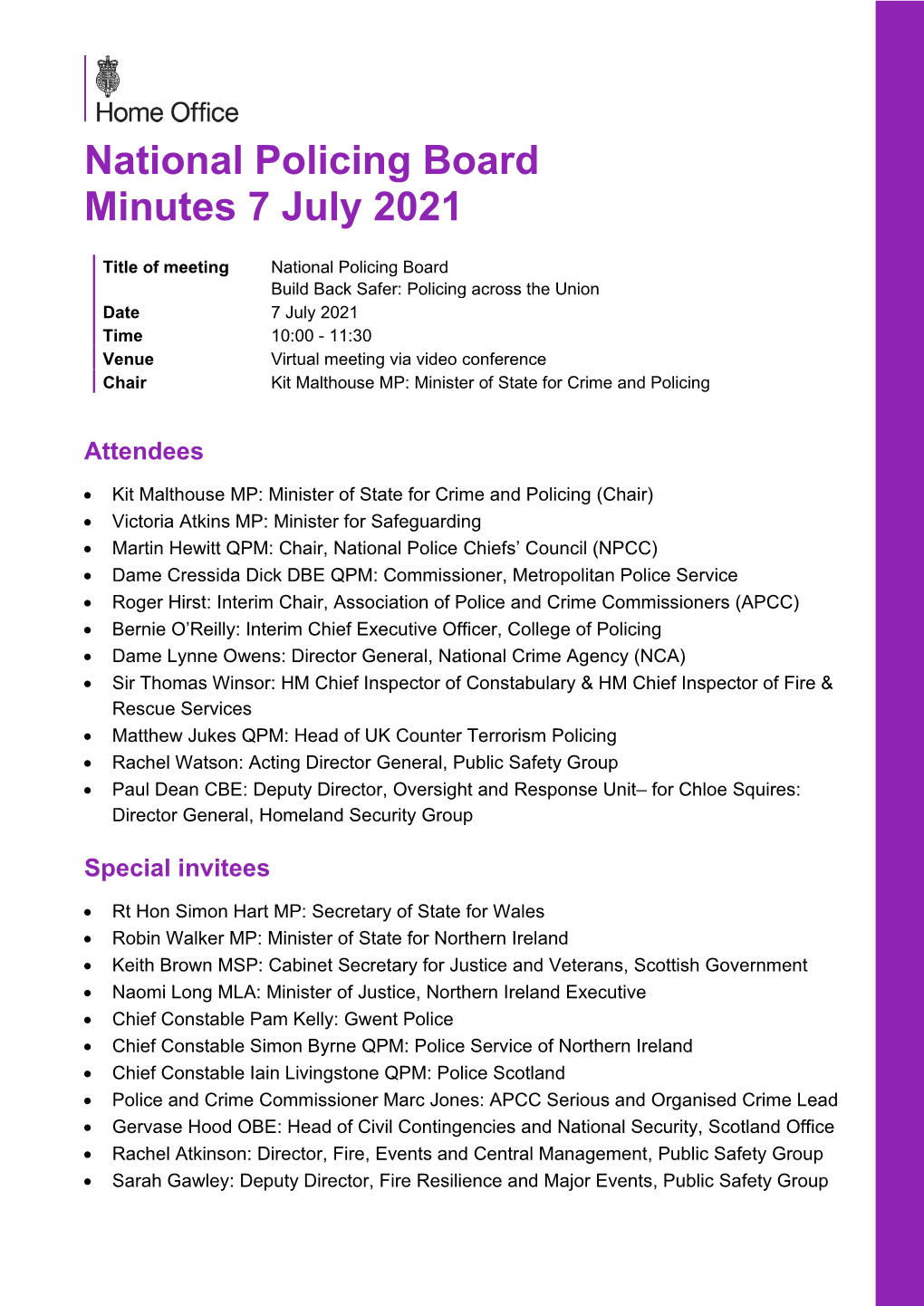 National Policing Board Minutes: 7 July 2021