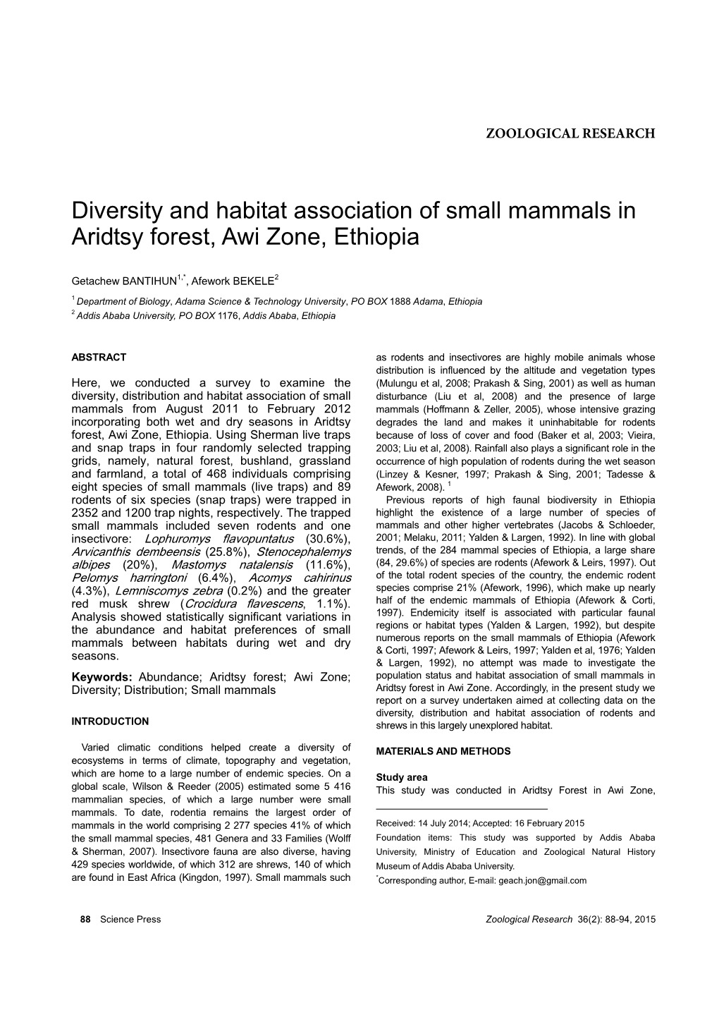Diversity and Habitat Association of Small Mammals in Aridtsy Forest, Awi Zone, Ethiopia