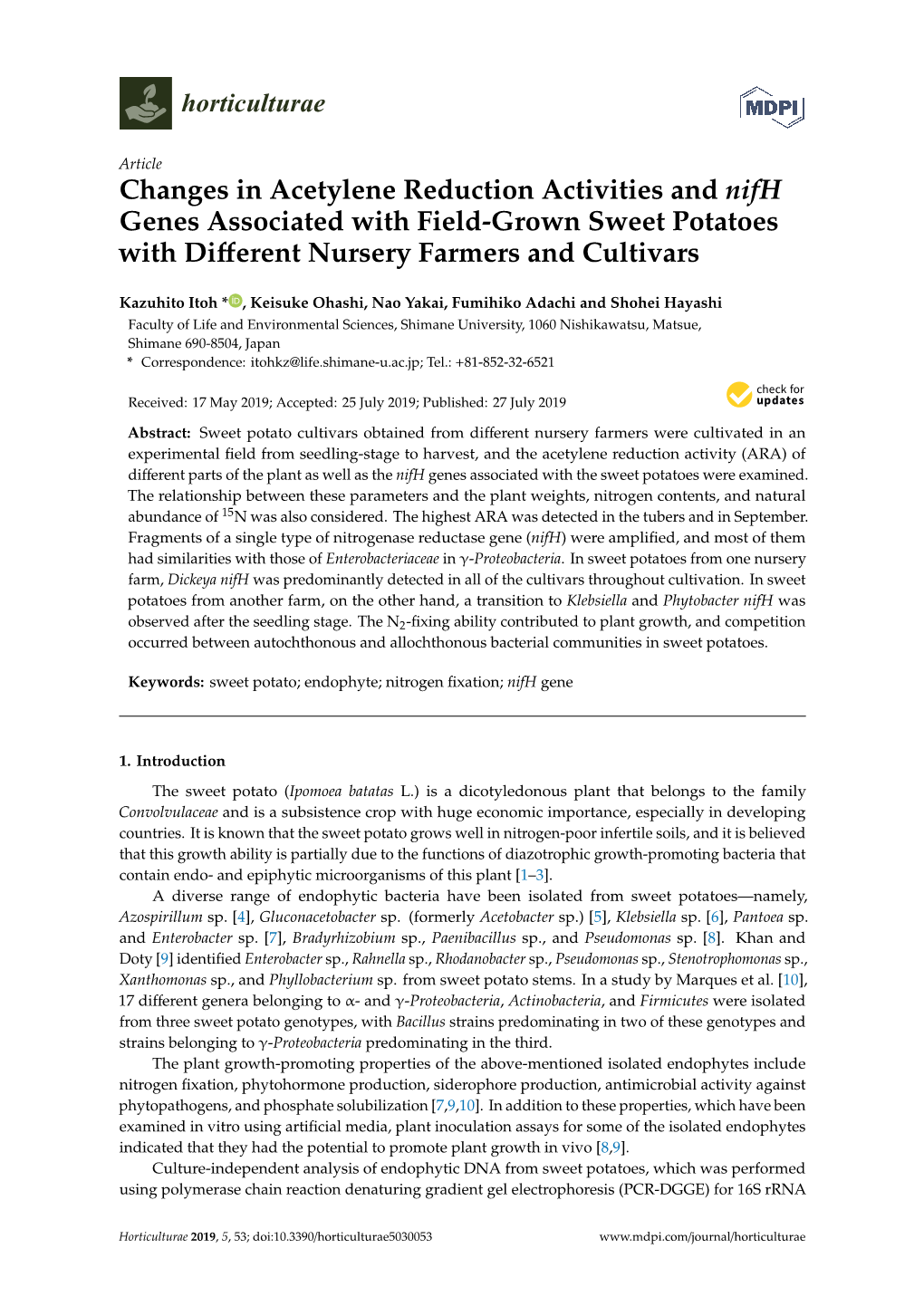 Changes in Acetylene Reduction Activities and Nifh Genes Associated with Field-Grown Sweet Potatoes with Diﬀerent Nursery Farmers and Cultivars