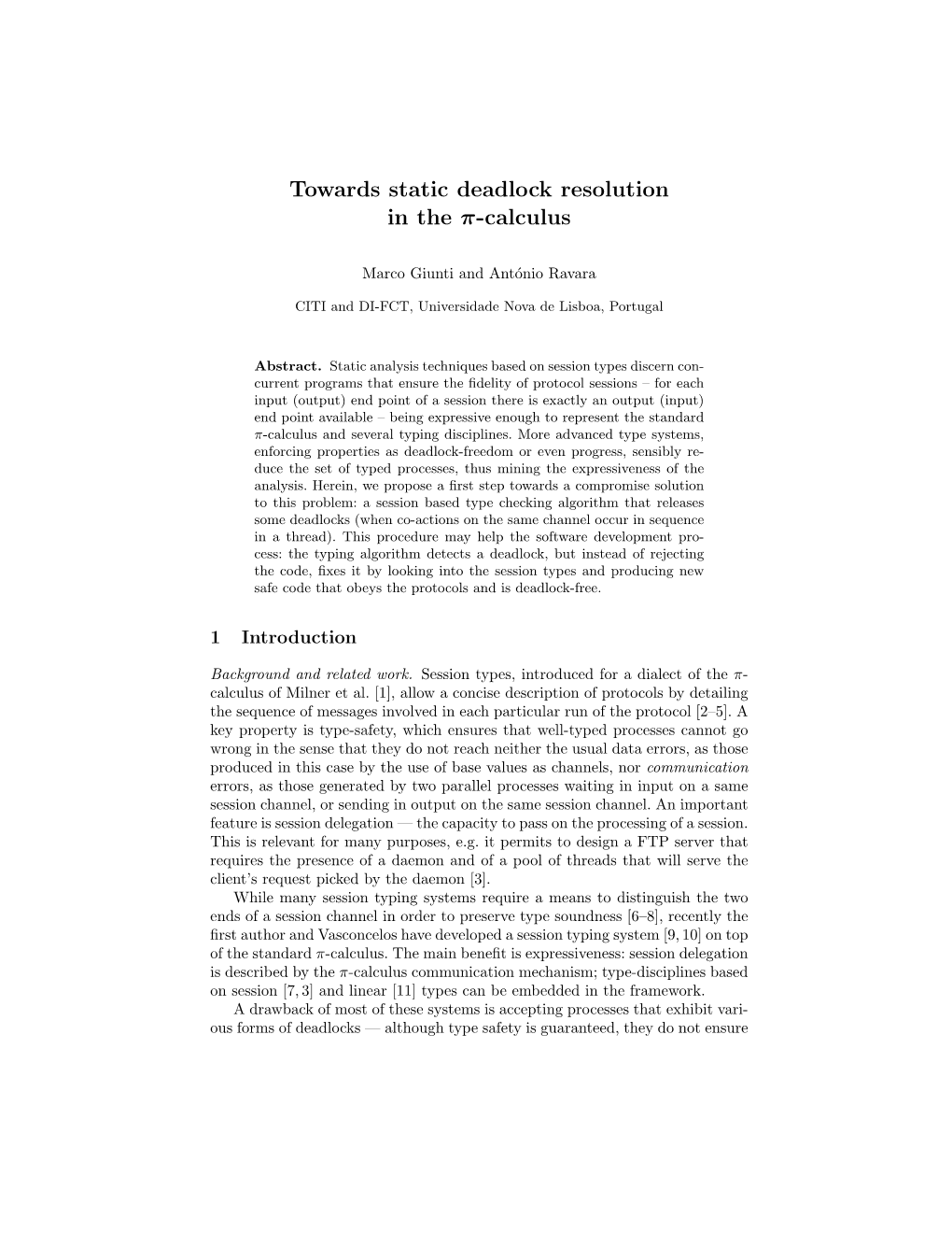 Towards Static Deadlock Resolution in the Π-Calculus