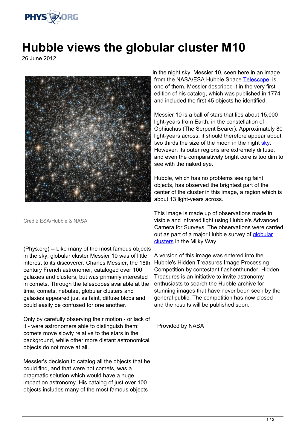 Hubble Views the Globular Cluster M10 26 June 2012