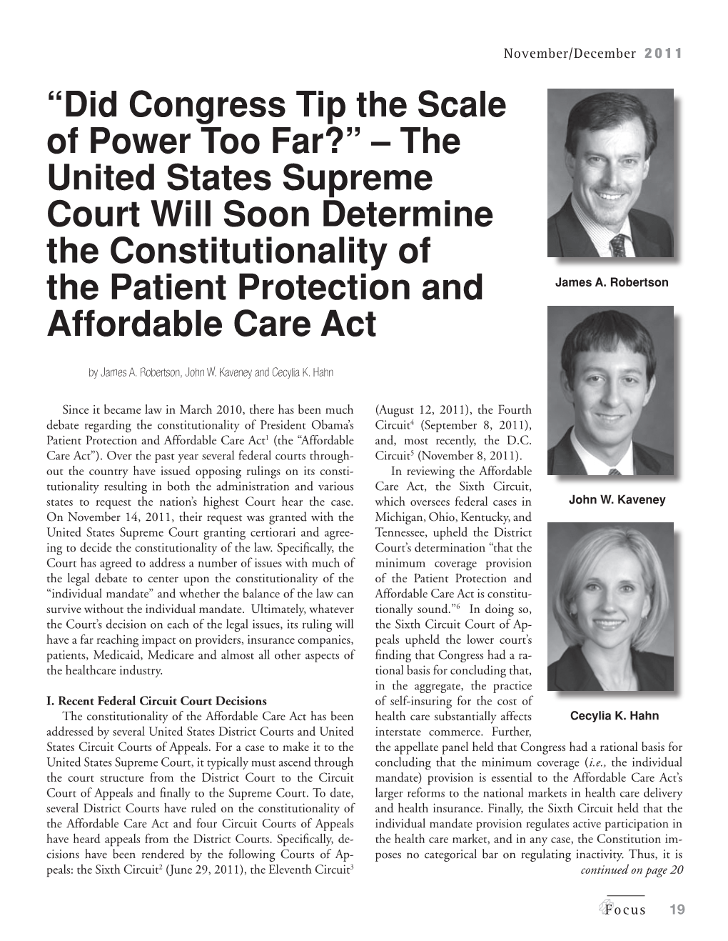 “Did Congress Tip the Scale of Power Too Far?” – the United States Supreme Court Will Soon Determine the Constitutionality of the Patient Protection and James A