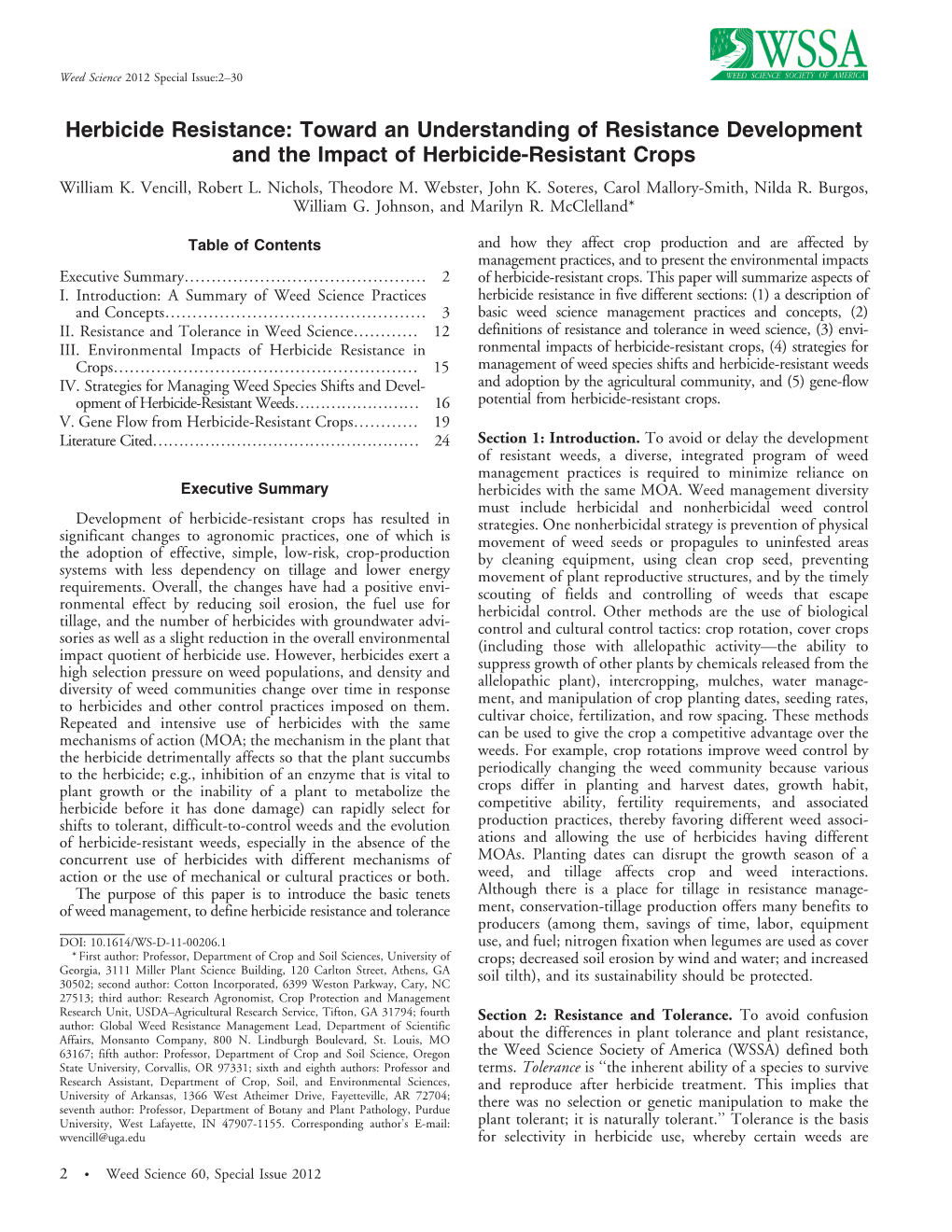 Herbicide Resistance: Toward an Understanding of Resistance Development and the Impact of Herbicide-Resistant Crops William K