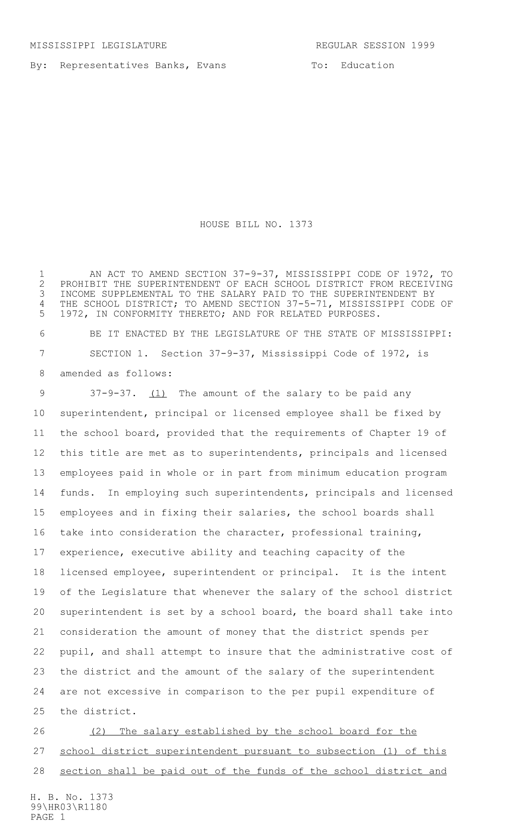 H. B. No. 1373 99\HR03\R1180 PAGE 1 MISSISSIPPI LEGISLATURE