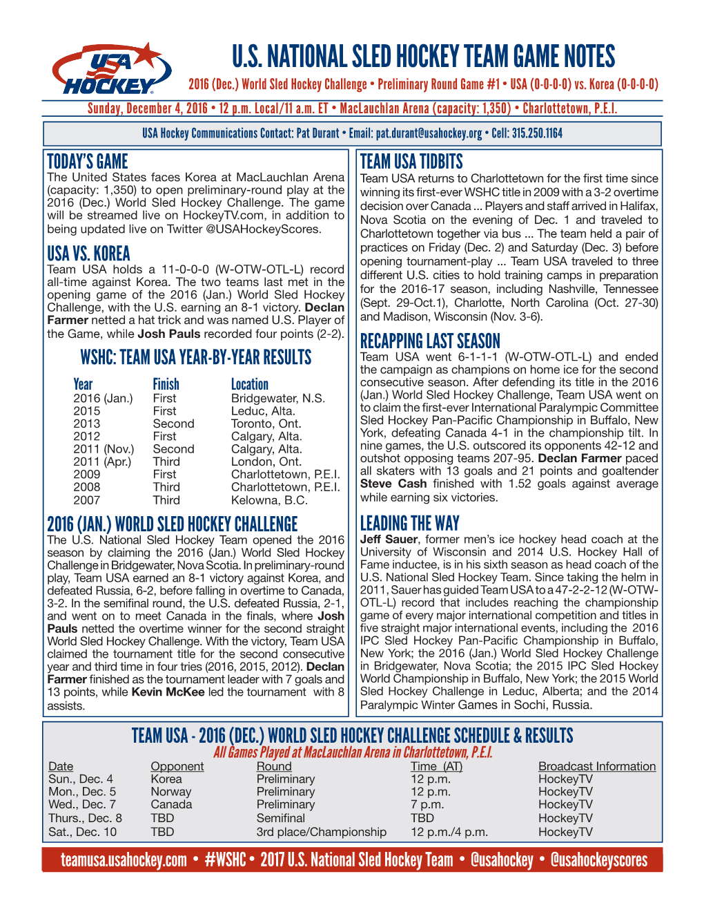 U.S. NATIONAL SLED HOCKEY TEAM GAME NOTES 2016 (Dec.) World Sled Hockey Challenge • Preliminary Round Game #1 • USA (0-0-0-0) Vs