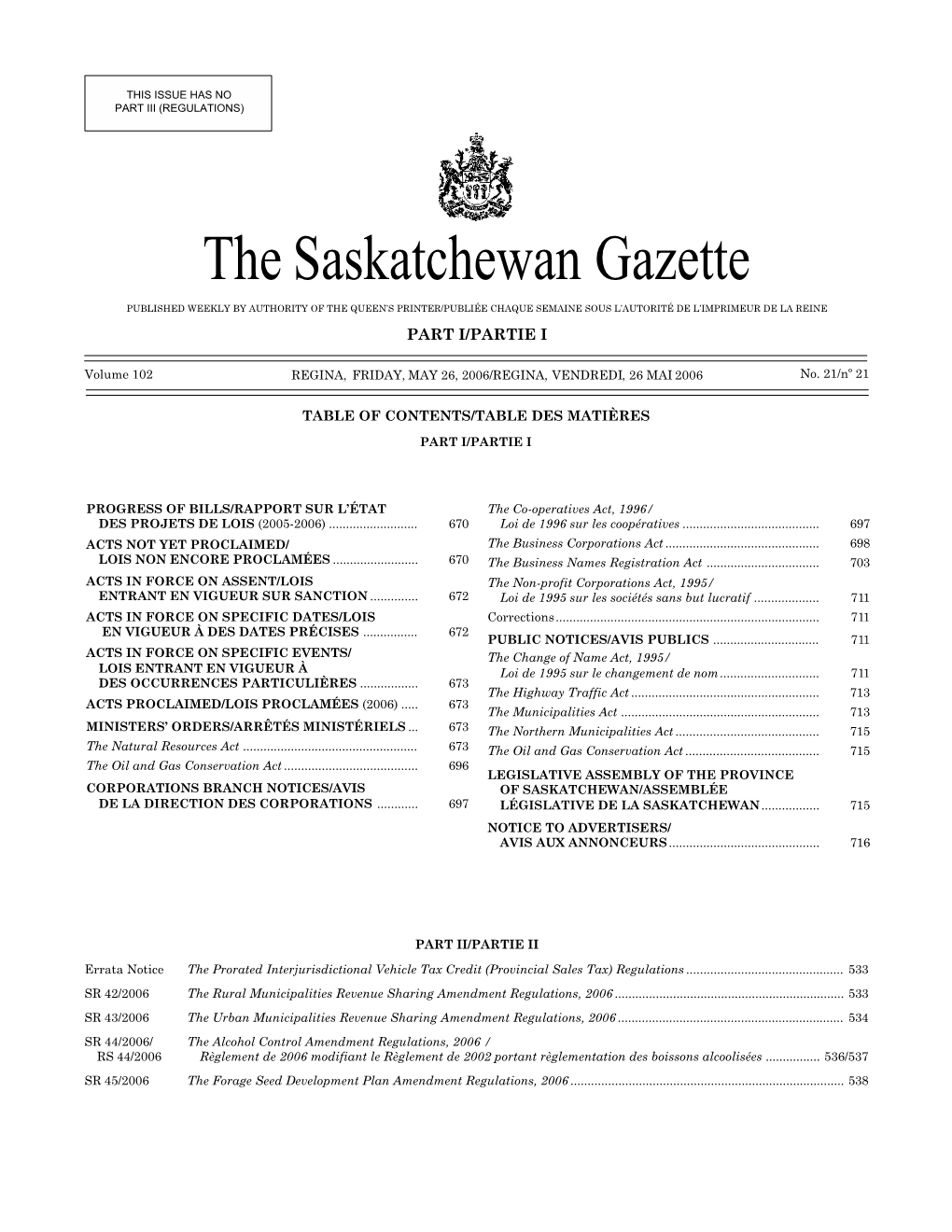 Sask Gazette, Part I, May 26, 2006