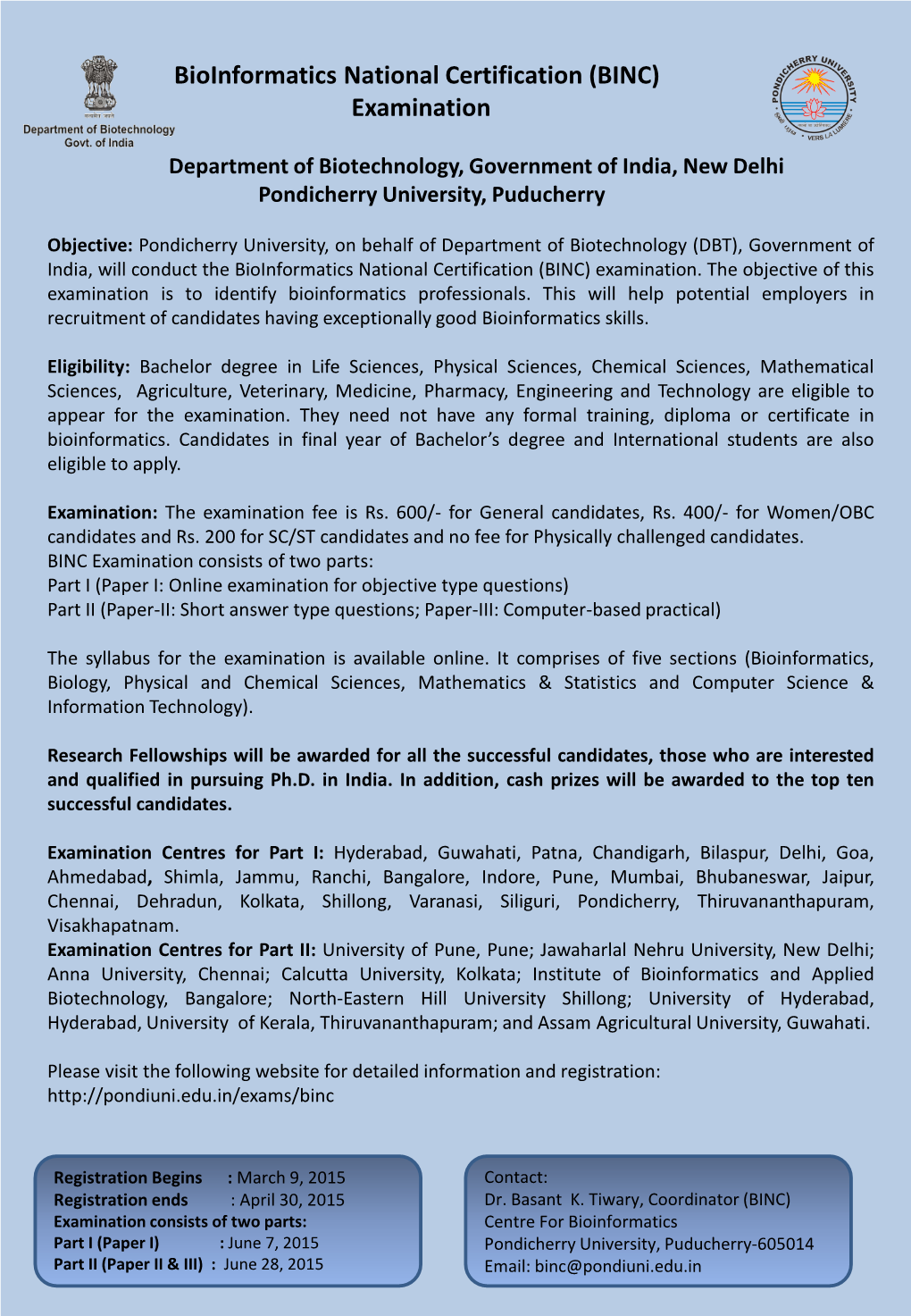 Bioinformatics National Certification (BINC) Examination