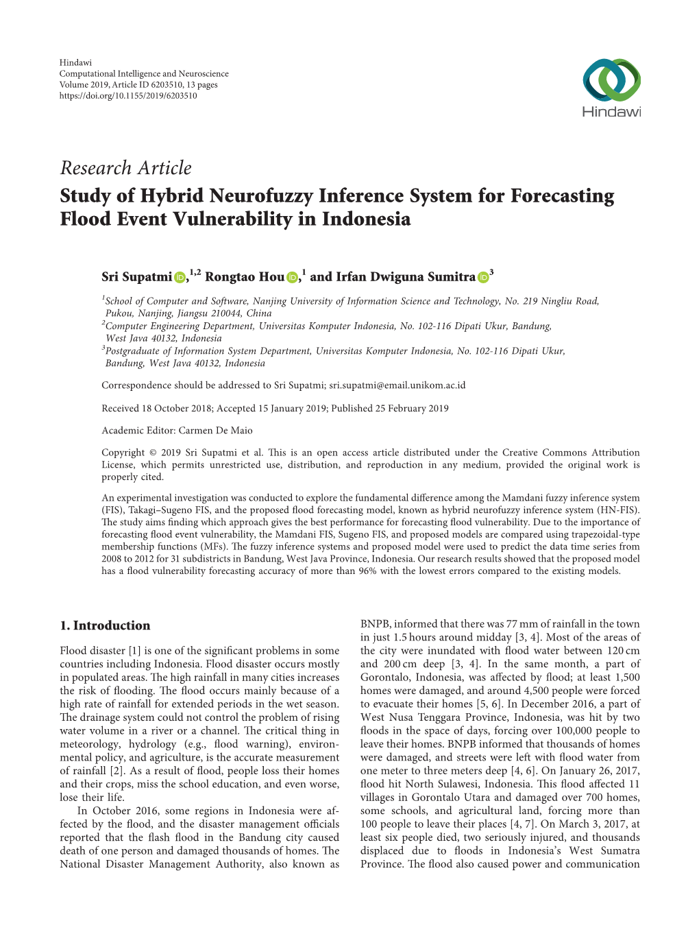 Research Article Study of Hybrid Neurofuzzy Inference System for Forecasting Flood Event Vulnerability in Indonesia