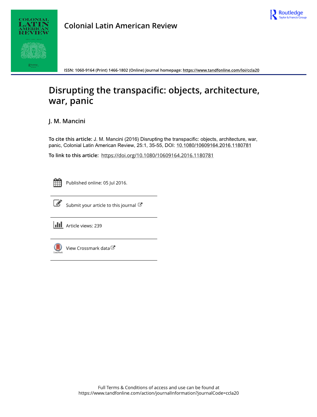 Disrupting the Transpacific: Objects, Architecture, War, Panic