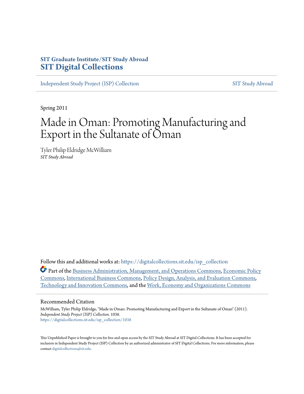 Promoting Manufacturing and Export in the Sultanate of Oman Tyler Philip Eldridge Mcwilliam SIT Study Abroad