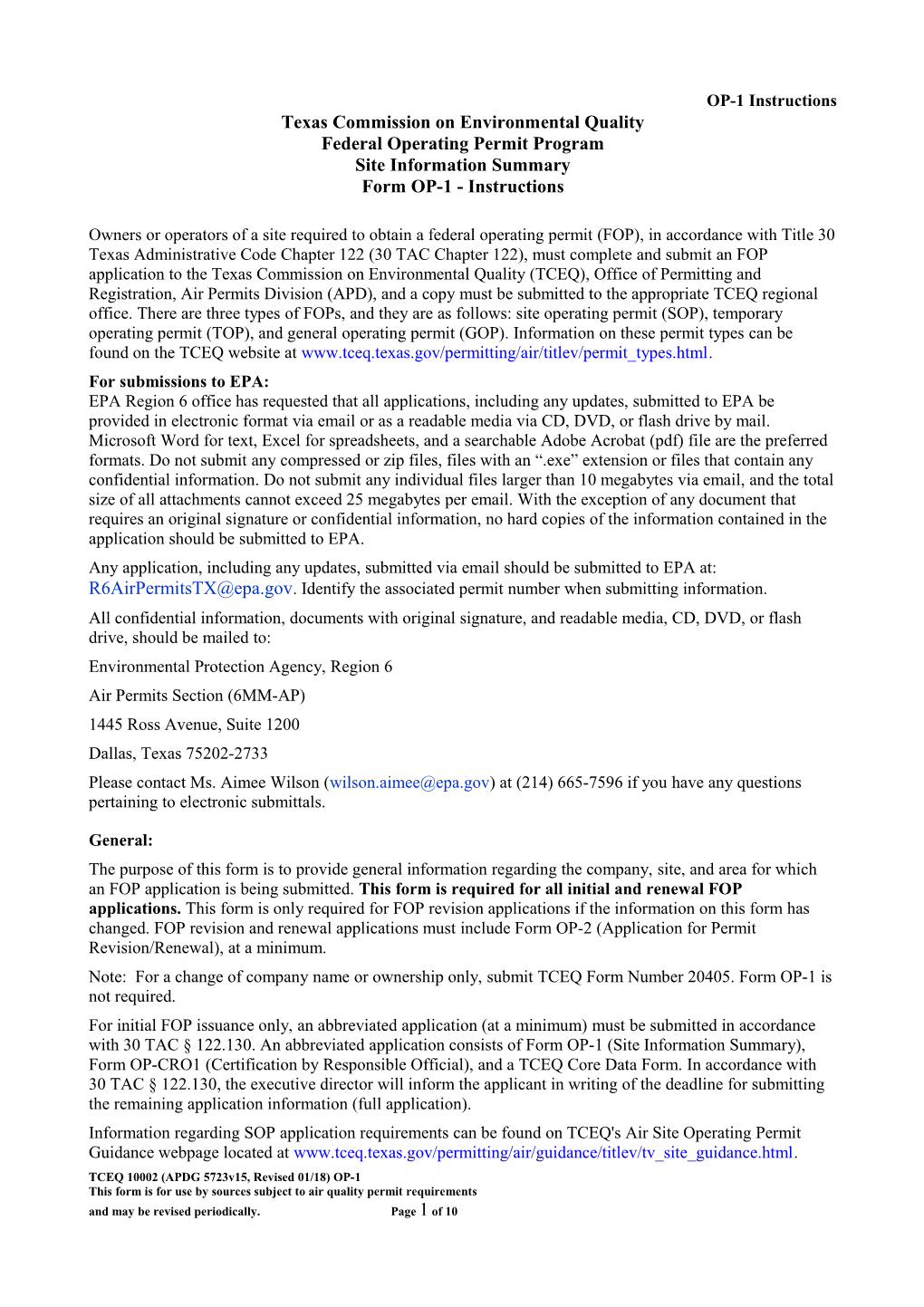 TCEQ - Form OP-1 - Instructions Site Information Summary