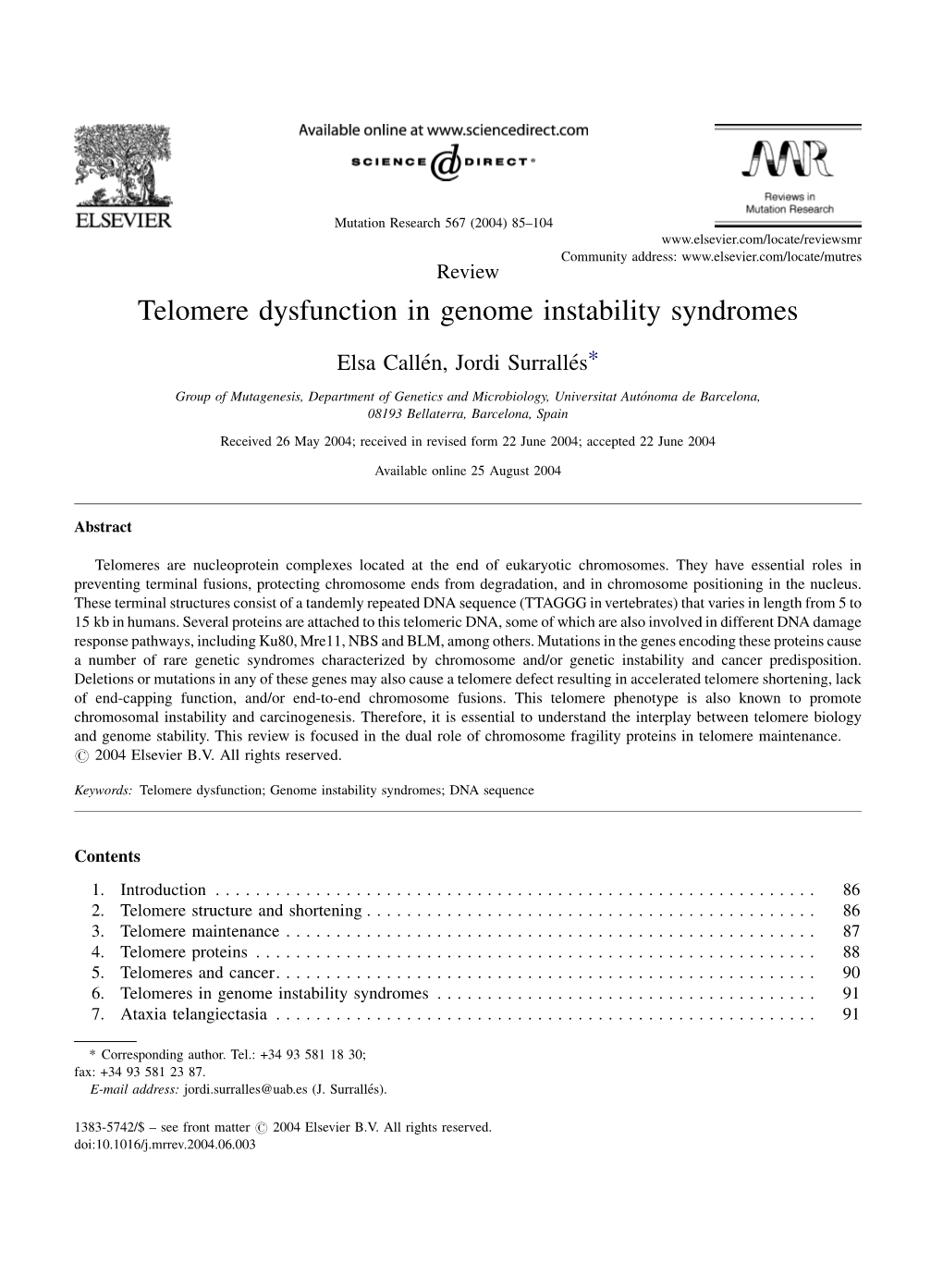 Telomere Dysfunction in Genome Instability Syndromes