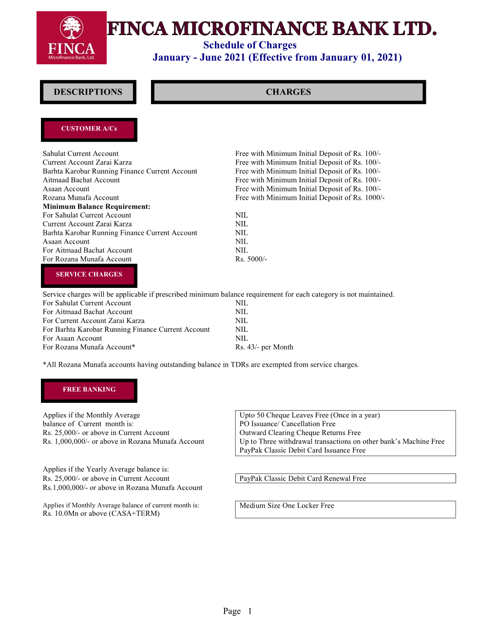 Schedule of Charges January - June 2021 (Effective from January 01, 2021)