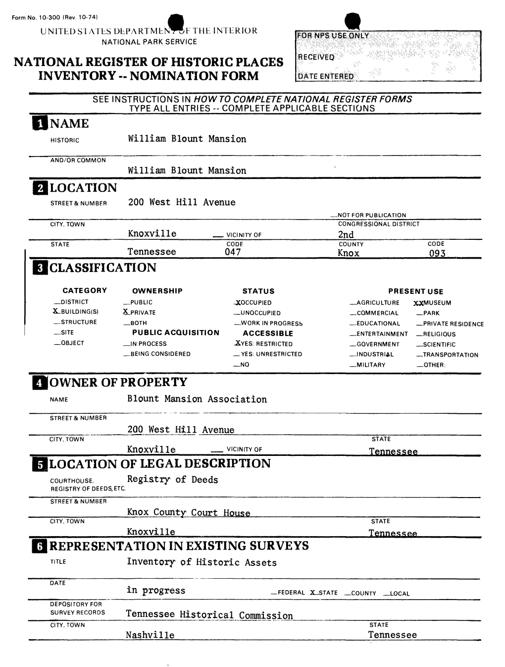 National Register of Historic Places Inventory - Nomination Form