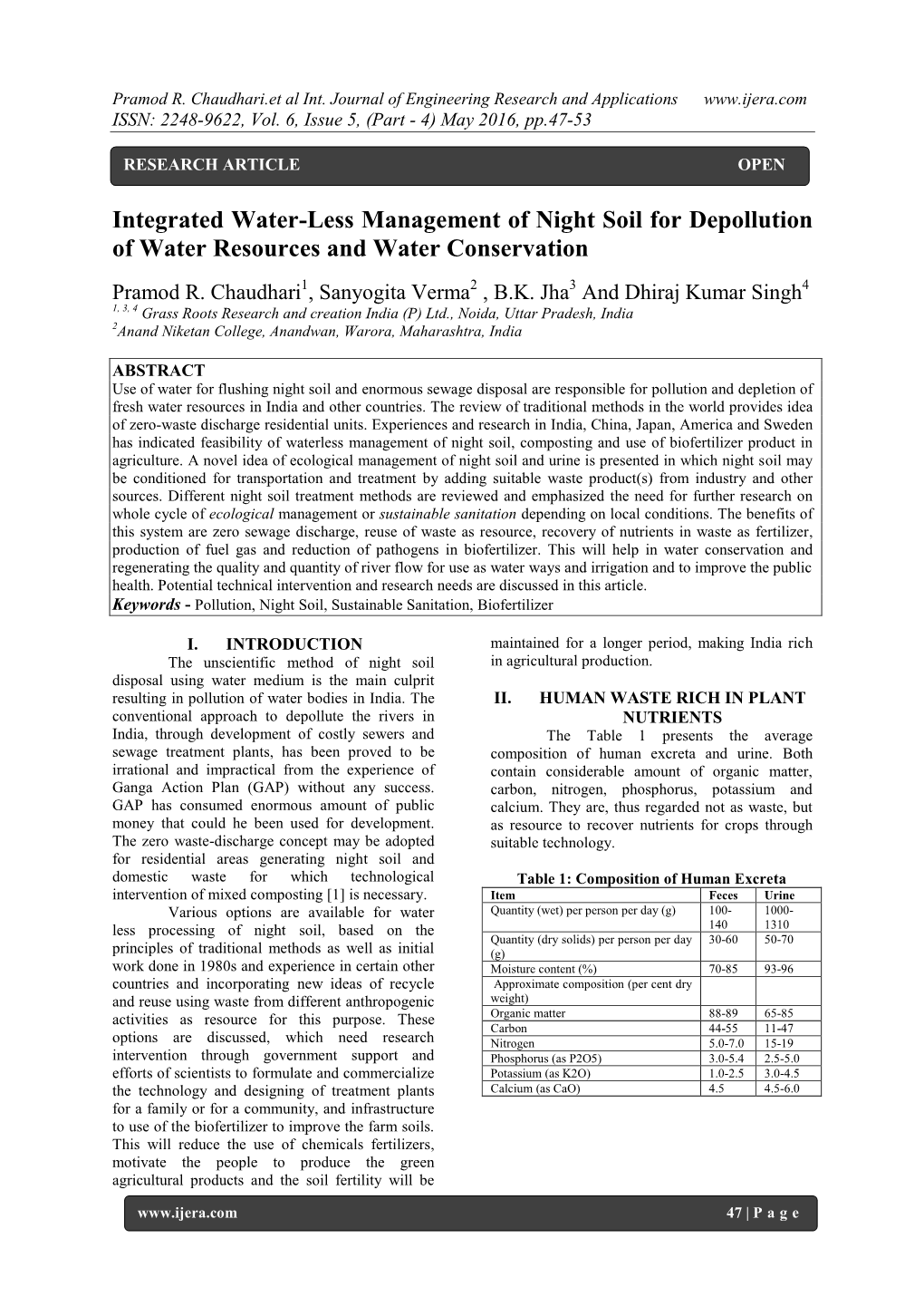 Integrated Water-Less Management of Night Soil for Depollution of Water Resources and Water Conservation