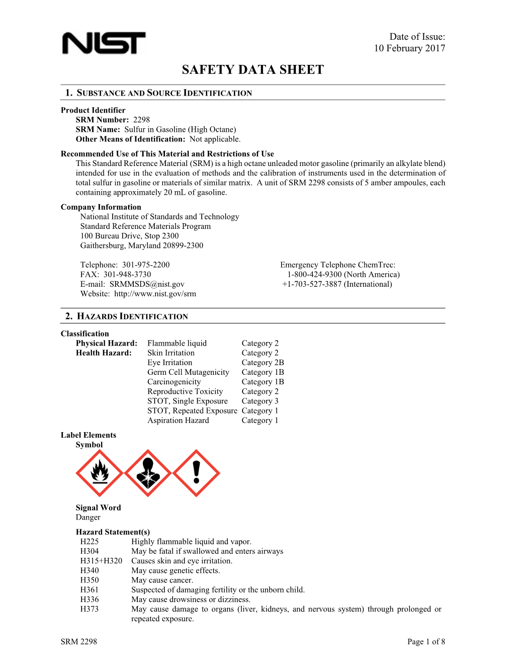 MSDS@Nist.Gov +1-703-527-3887 (International) Website