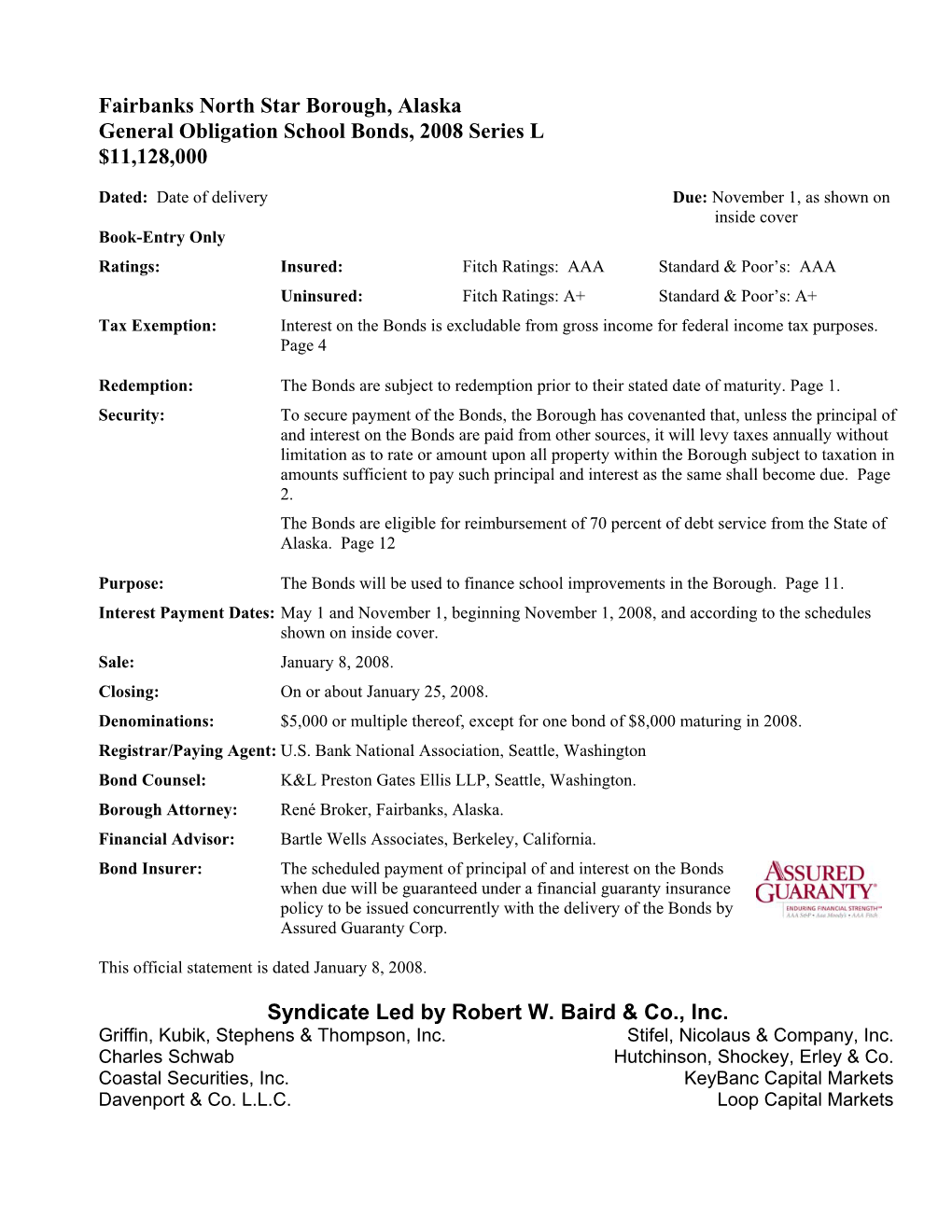 Fairbanks North Star Borough, Alaska General Obligation School Bonds, 2008 Series L $11,128,000