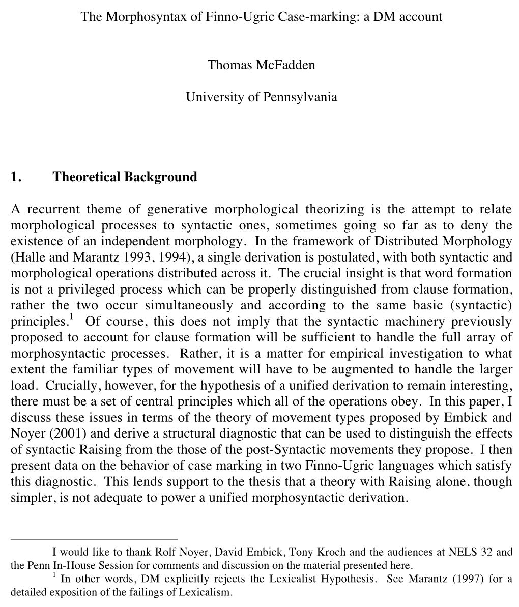 The Morphosyntax of Finno-Ugric Case-Marking: a DM Account