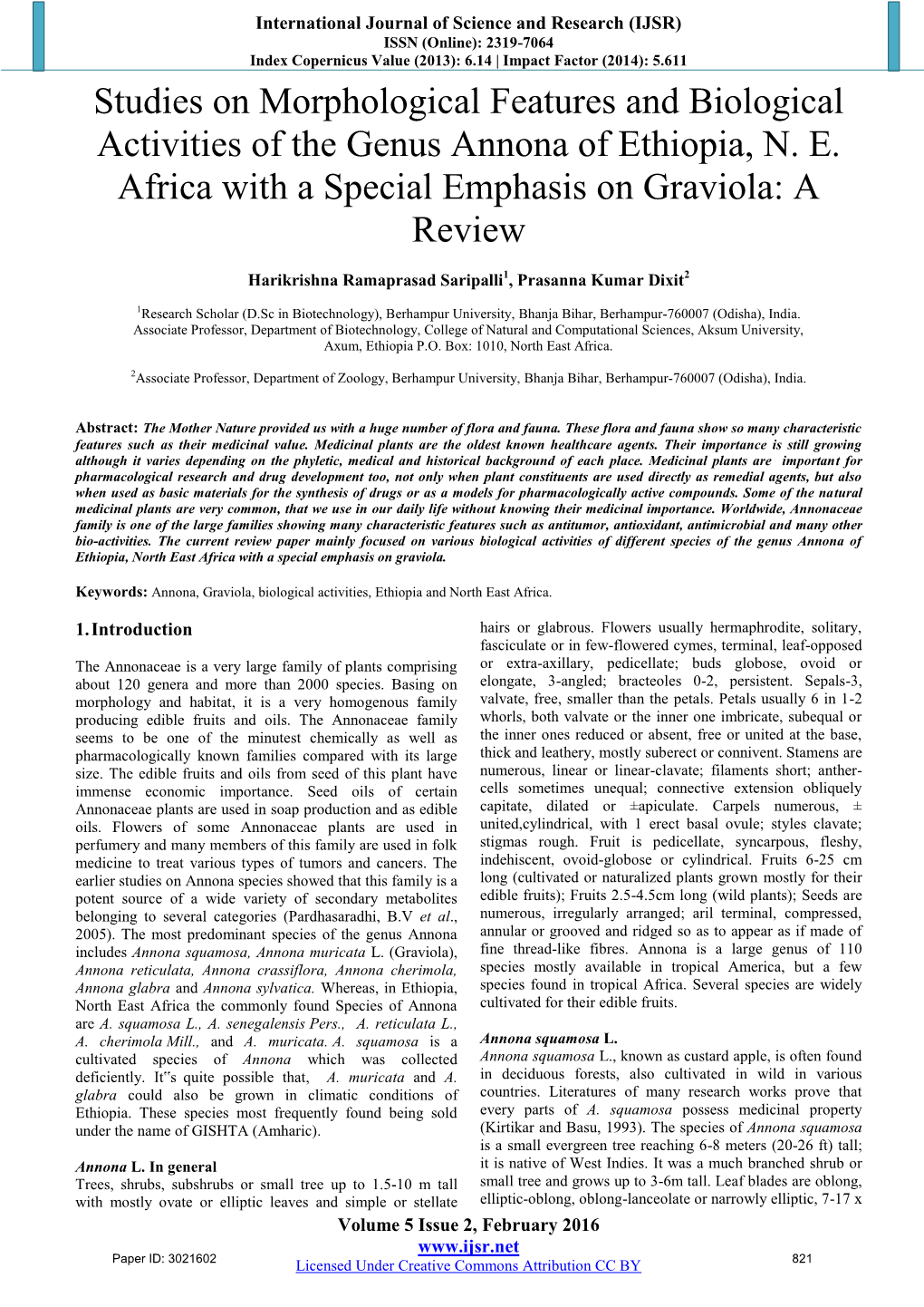 Studies on Morphological Features and Biological Activities of the Genus Annona of Ethiopia, N. E. Africa with a Special Emphasis on Graviola: a Review