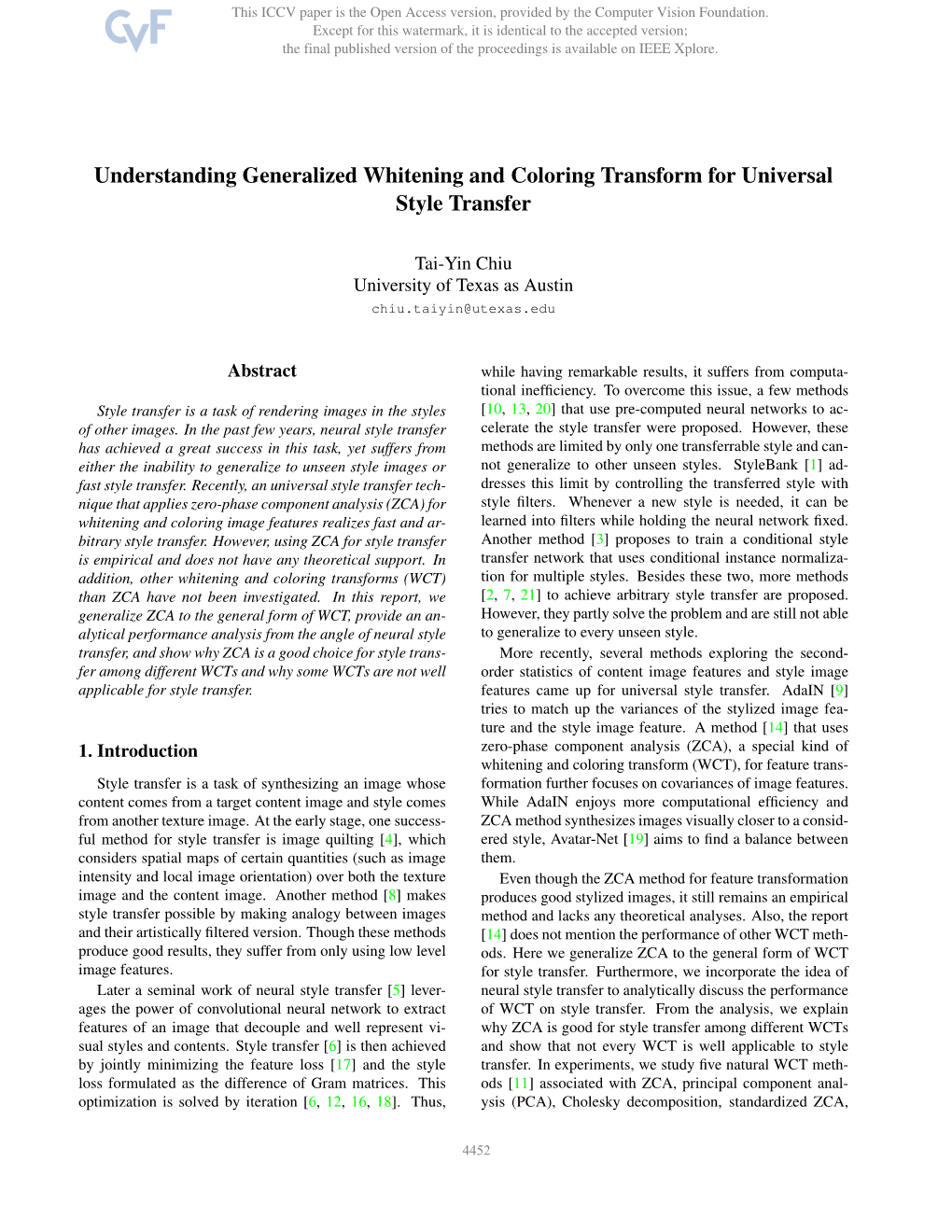 Understanding Generalized Whitening and Coloring Transform for Universal Style Transfer