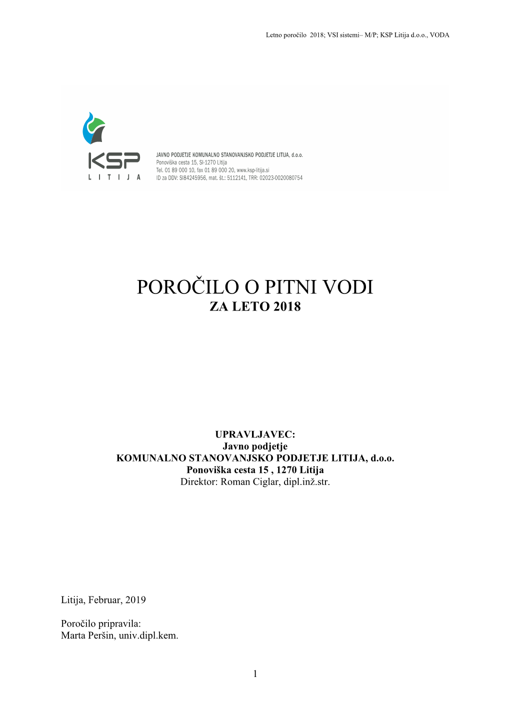 Poročilo KSP Litija O Pitni Vodi Za Leto 2018