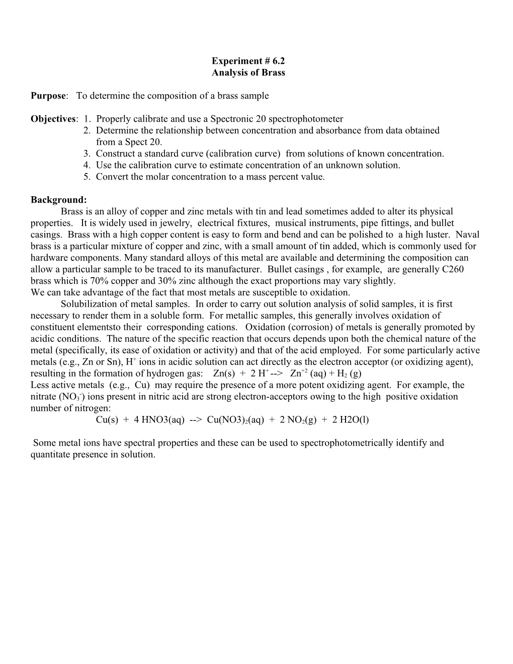 Purpose: to Determine the Composition of a Brass Sample