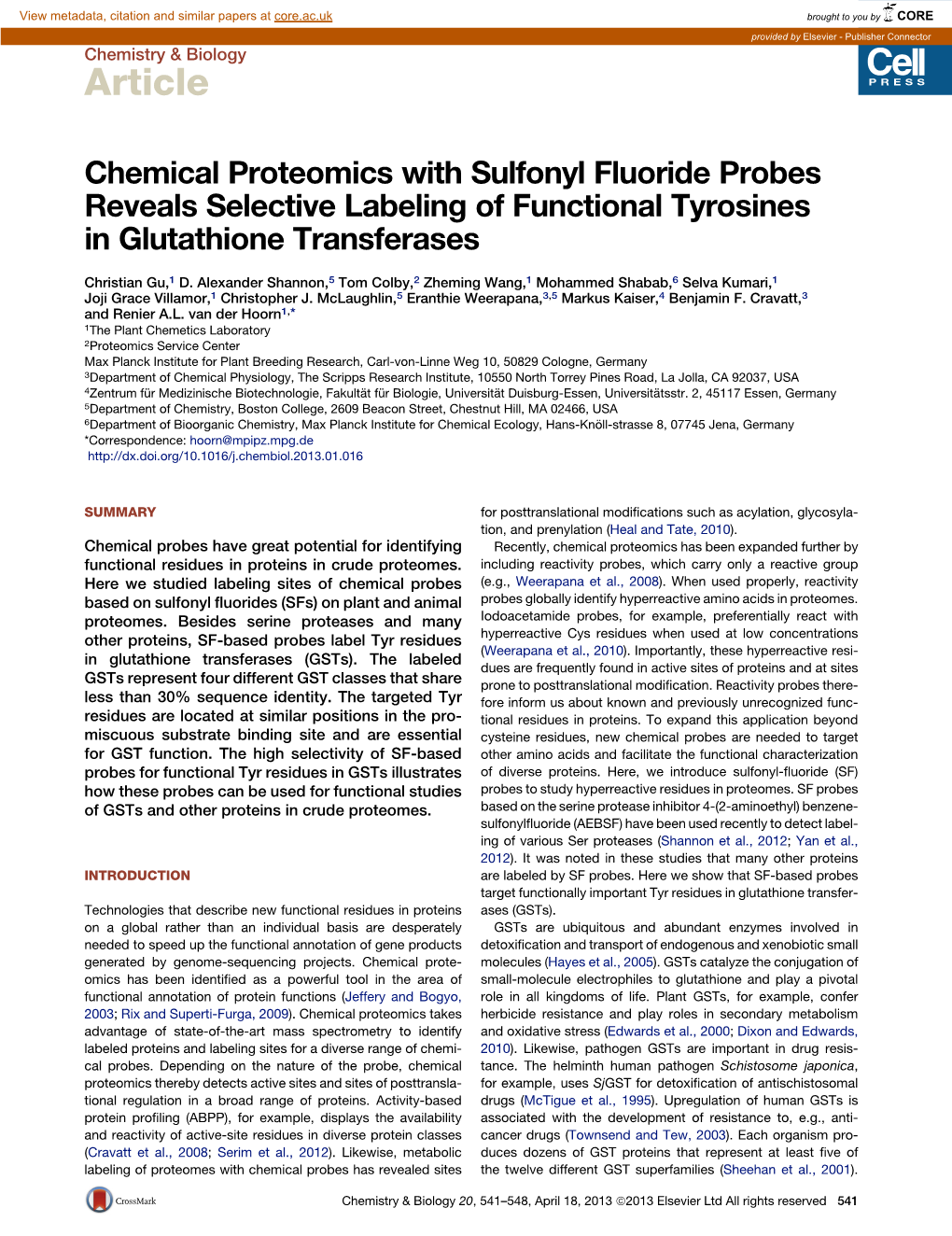 Chemical Proteomics with Sulfonyl Fluoride Probes Reveals Selective Labeling of Functional Tyrosines in Glutathione Transferases