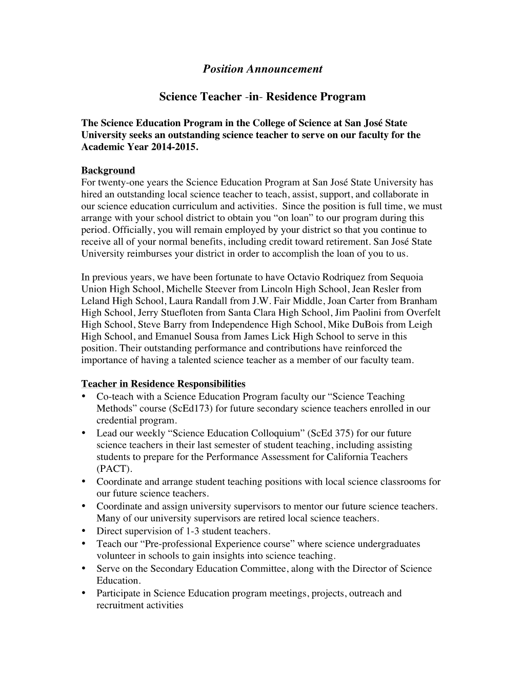 Position Announcement Science Teacher -In- Residence Program