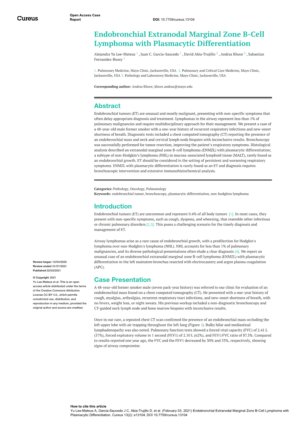 Endobronchial Extranodal Marginal Zone B-Cell Lymphoma with Plasmacytic Differentiation