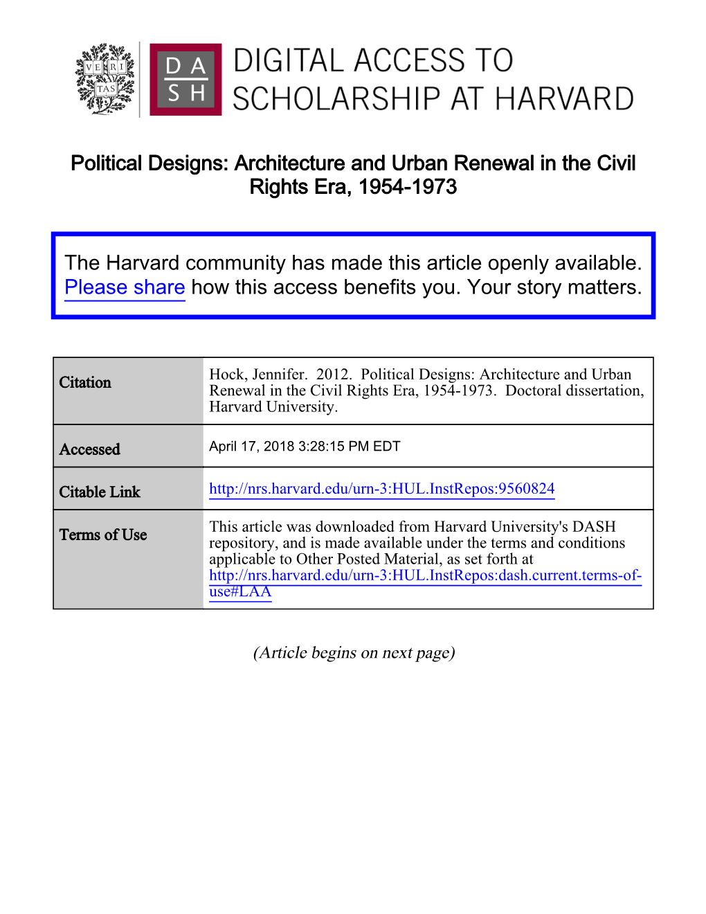 Political Designs: Architecture and Urban Renewal in the Civil Rights Era, 1954-1973