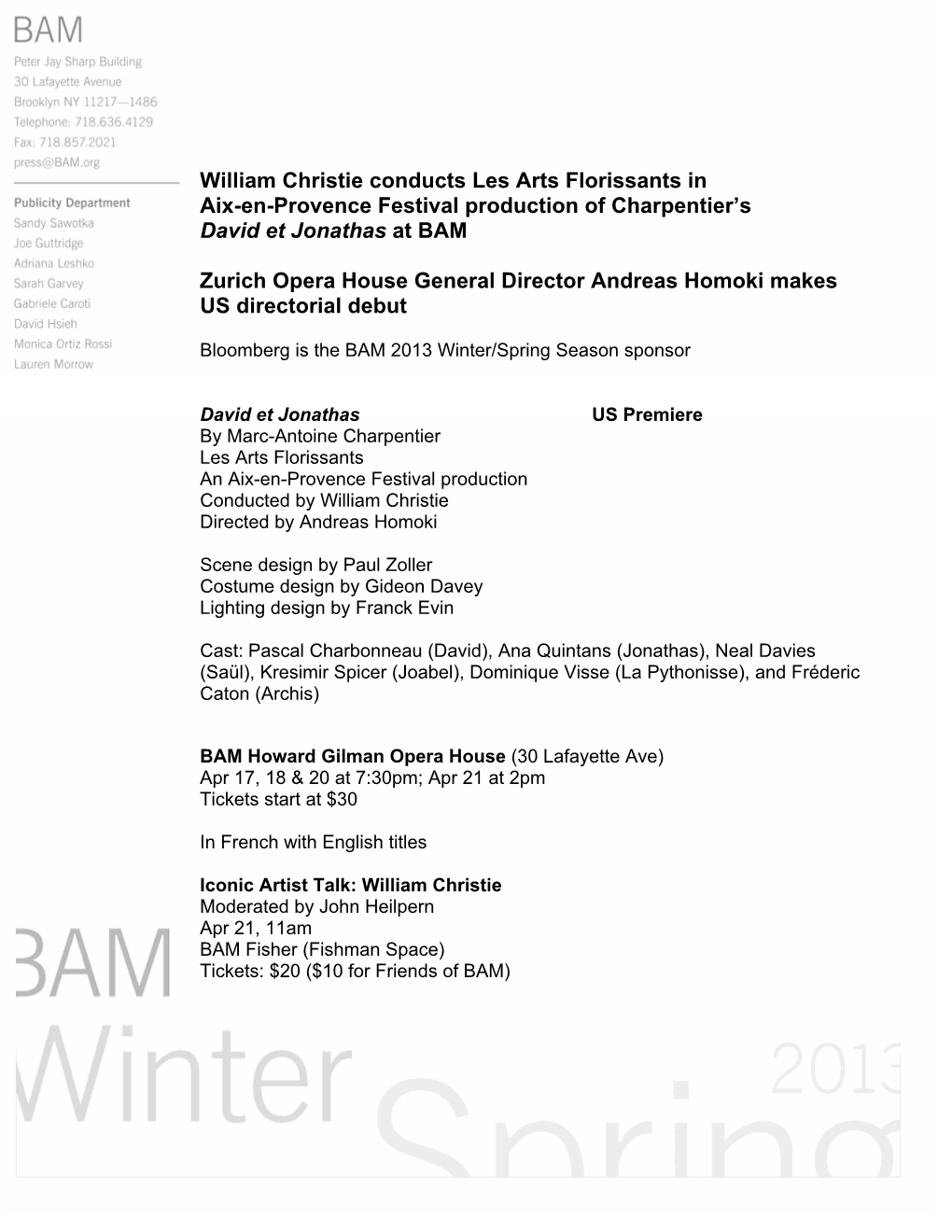 William Christie Conducts Les Arts Florissants in Aix-En-Provence Festival Production of Charpentier’S David Et Jonathas at BAM