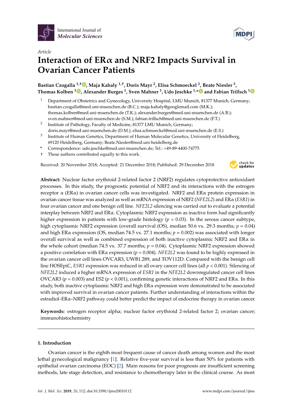 Interaction of ER and NRF2 Impacts Survival in Ovarian Cancer Patients