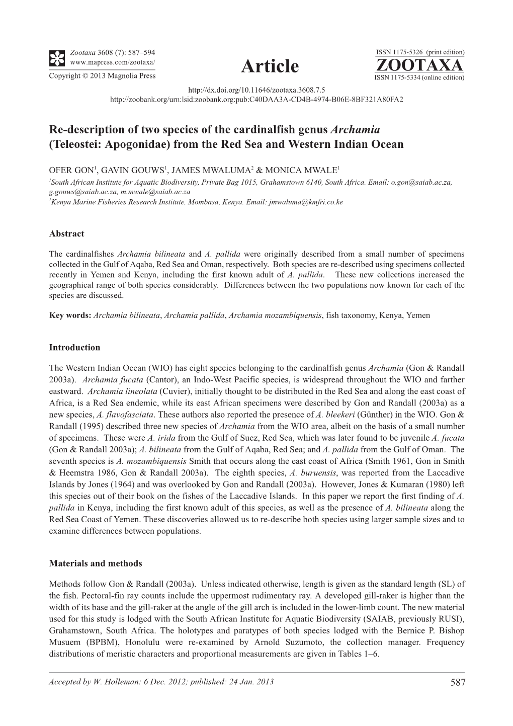 Re-Description of Two Species of the Cardinalfish Genus Archamia (Teleostei: Apogonidae) from the Red Sea and Western Indian Ocean