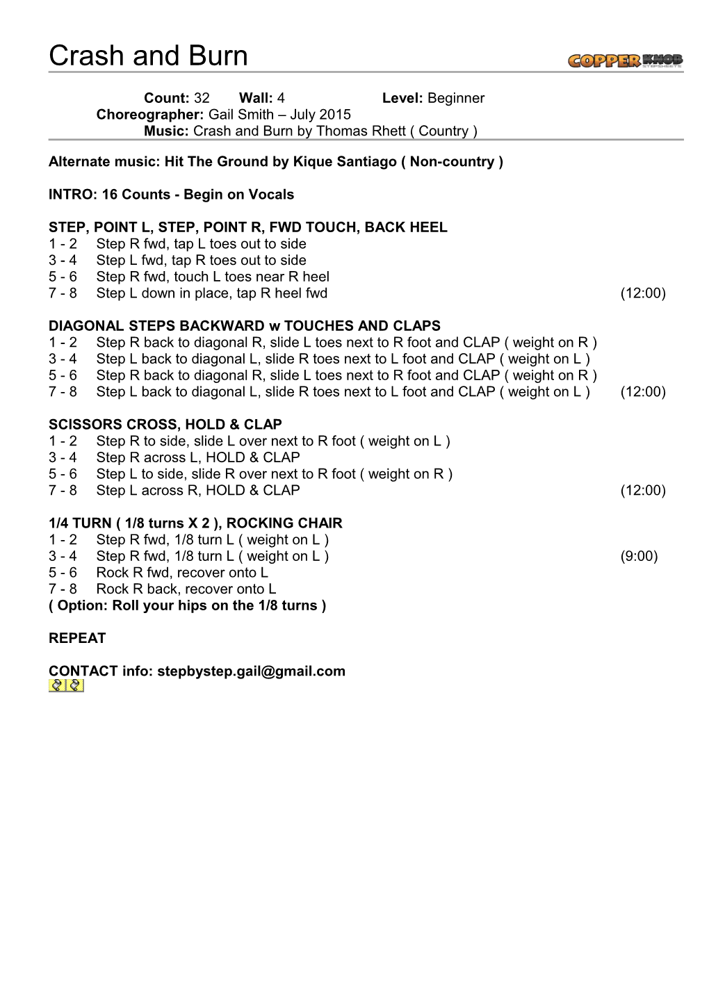 Copperknob - Linedance Stepsheets - Crash and Burn