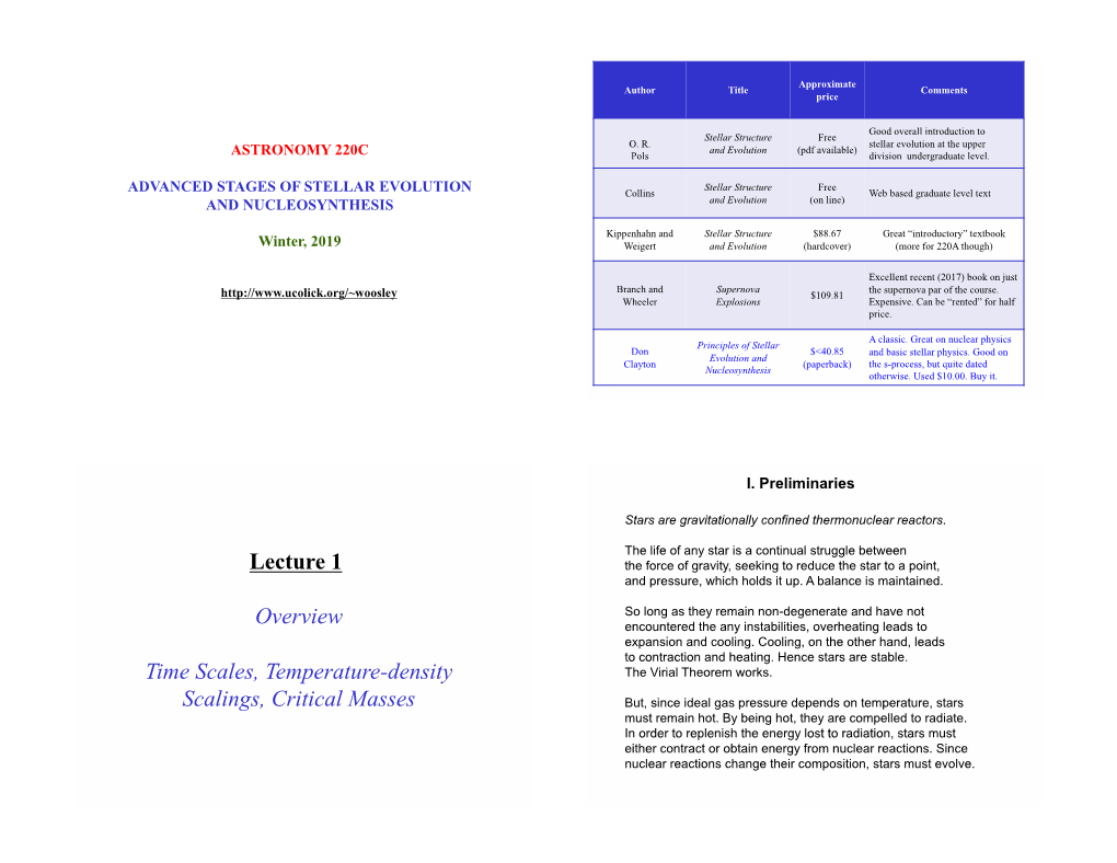 Lecture 1 Overview Time Scales, Temperature-Density Scalings