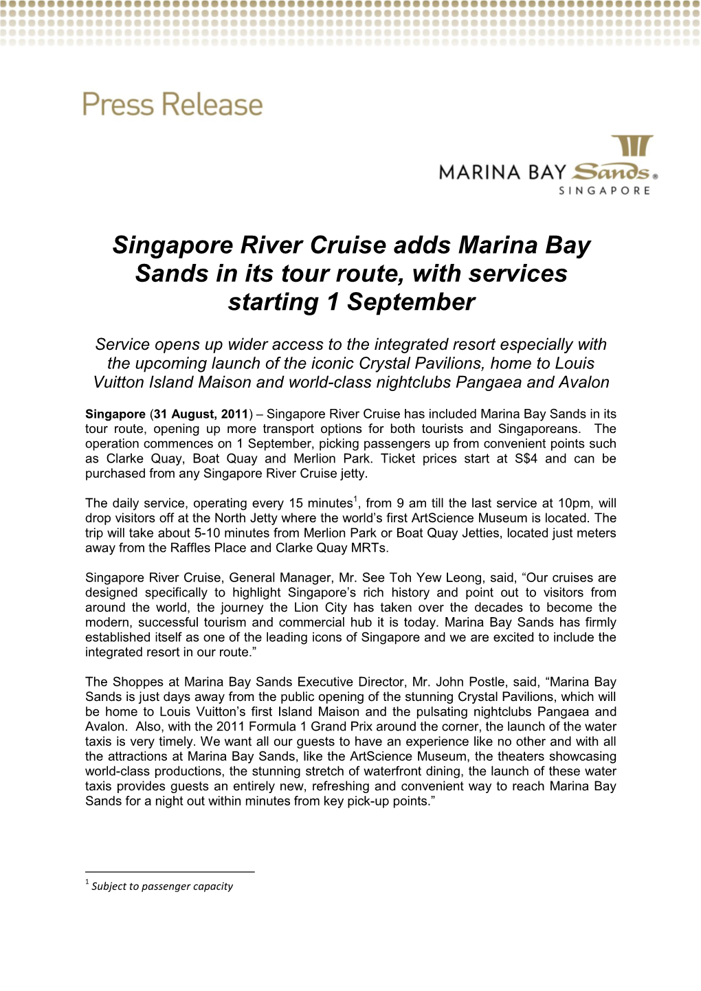 Singapore River Cruise Adds Marina Bay Sands in Its Tourist Route