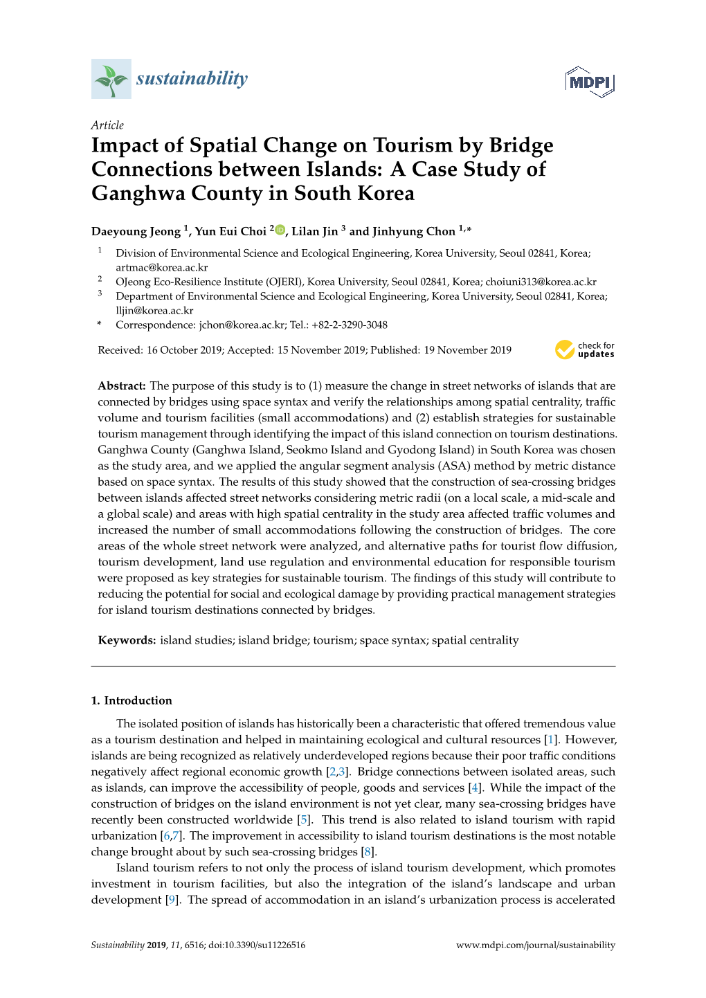 Impact of Spatial Change on Tourism by Bridge Connections Between Islands: a Case Study of Ganghwa County in South Korea