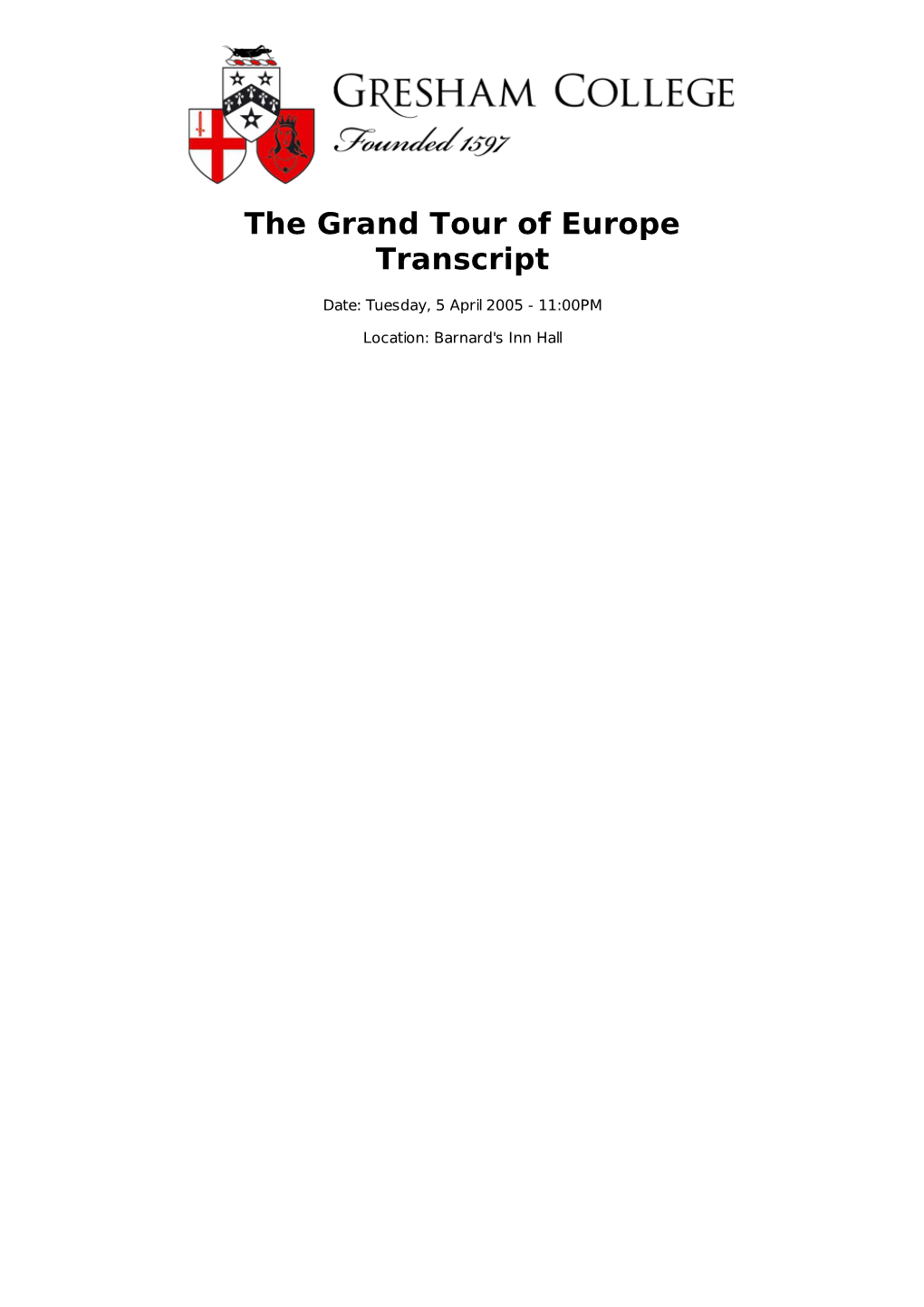 The Grand Tour of Europe Transcript