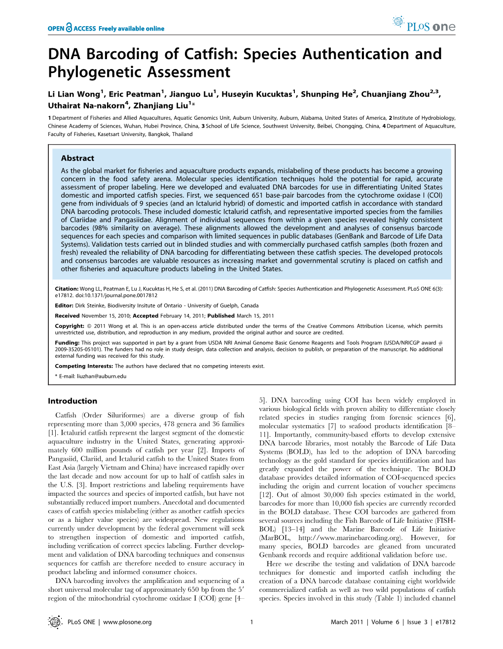 DNA Barcoding of Catfish: Species Authentication and Phylogenetic Assessment