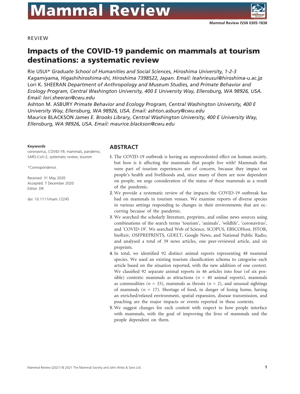 Impacts of the COVID‐19 Pandemic on Mammals at Tourism Destinations: a Systematic Review