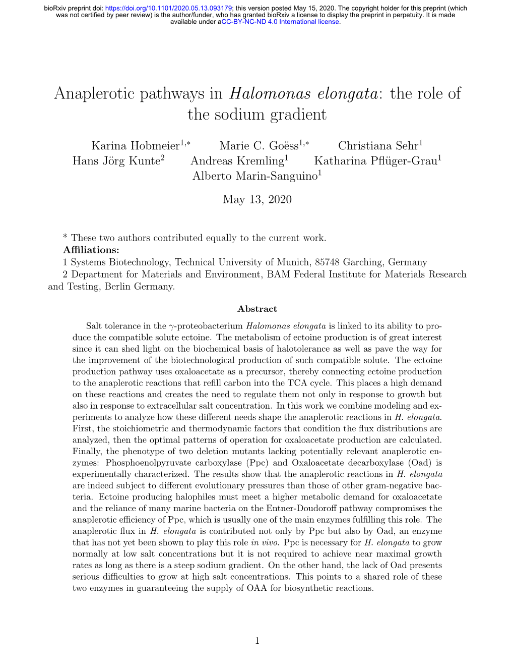 Anaplerotic Pathways in Halomonas Elongata: the Role of the Sodium Gradient
