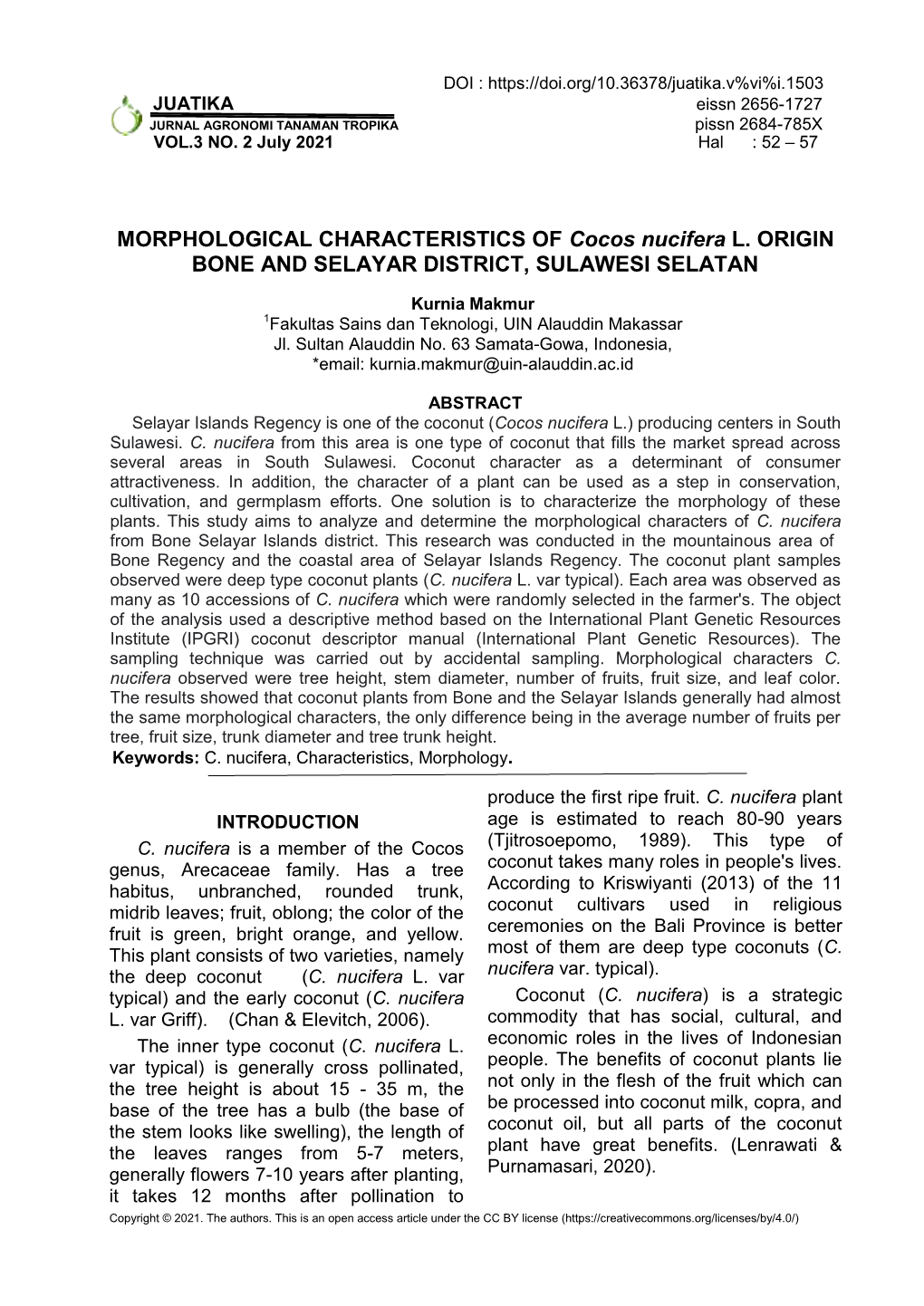 MORPHOLOGICAL CHARACTERISTICS of Cocos Nucifera L