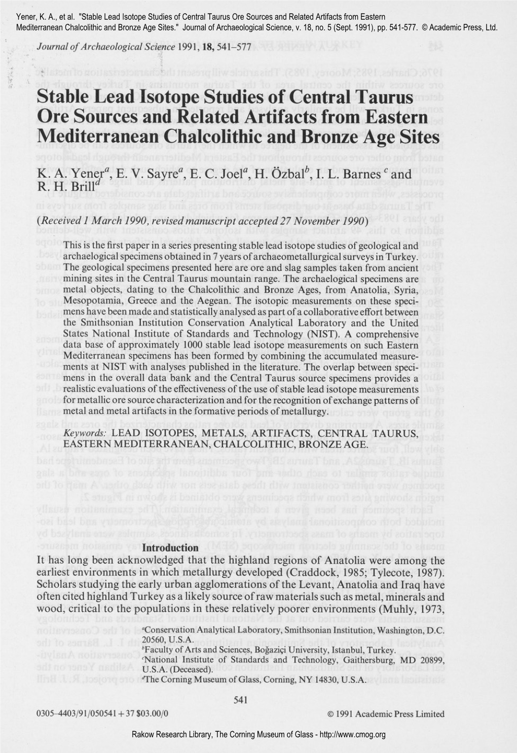 Stable Lead Isotope Studies of Central Taurus Ore Sources and Related