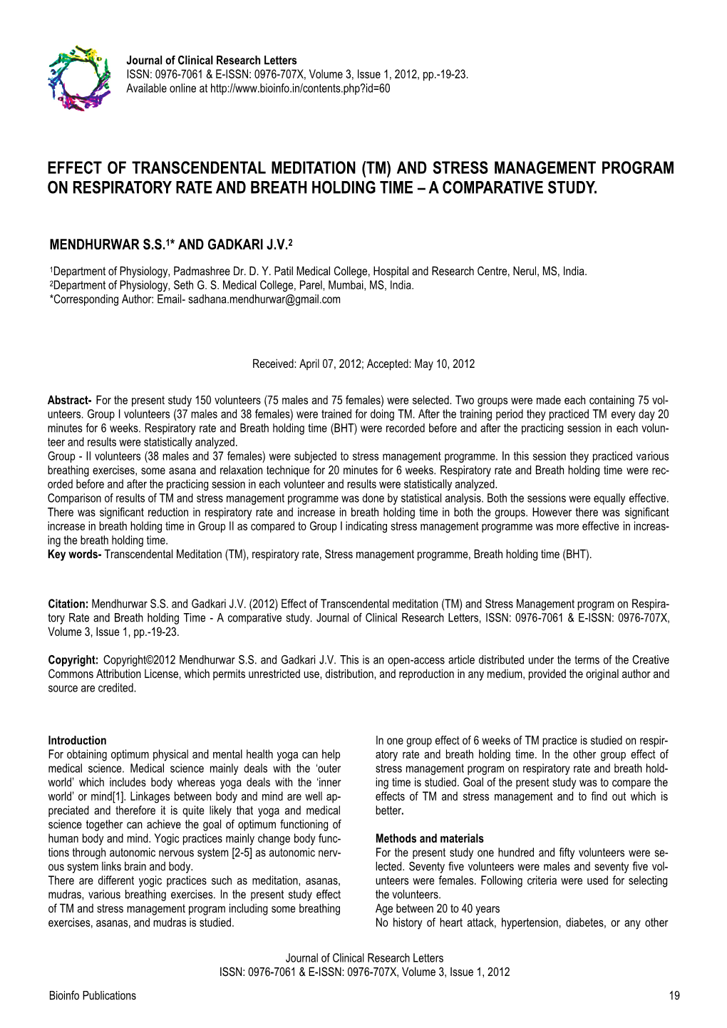 (Tm) and Stress Management Program on Respiratory Rate and Breath Holding Time – a Comparative Study