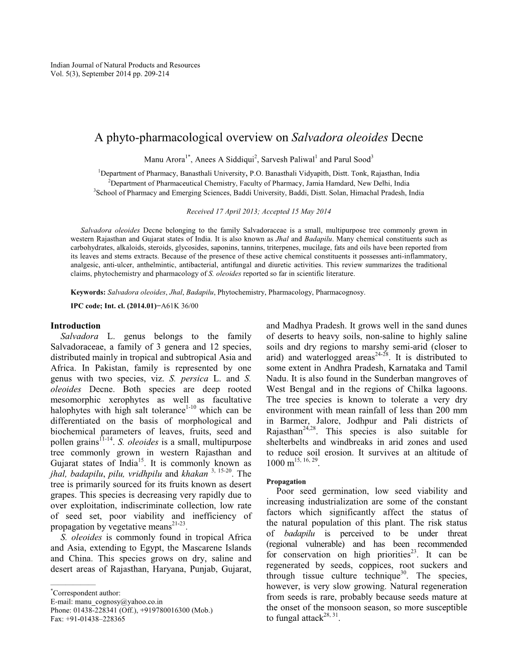 A Phyto-Pharmacological Overview on Salvadora Oleoides Decne