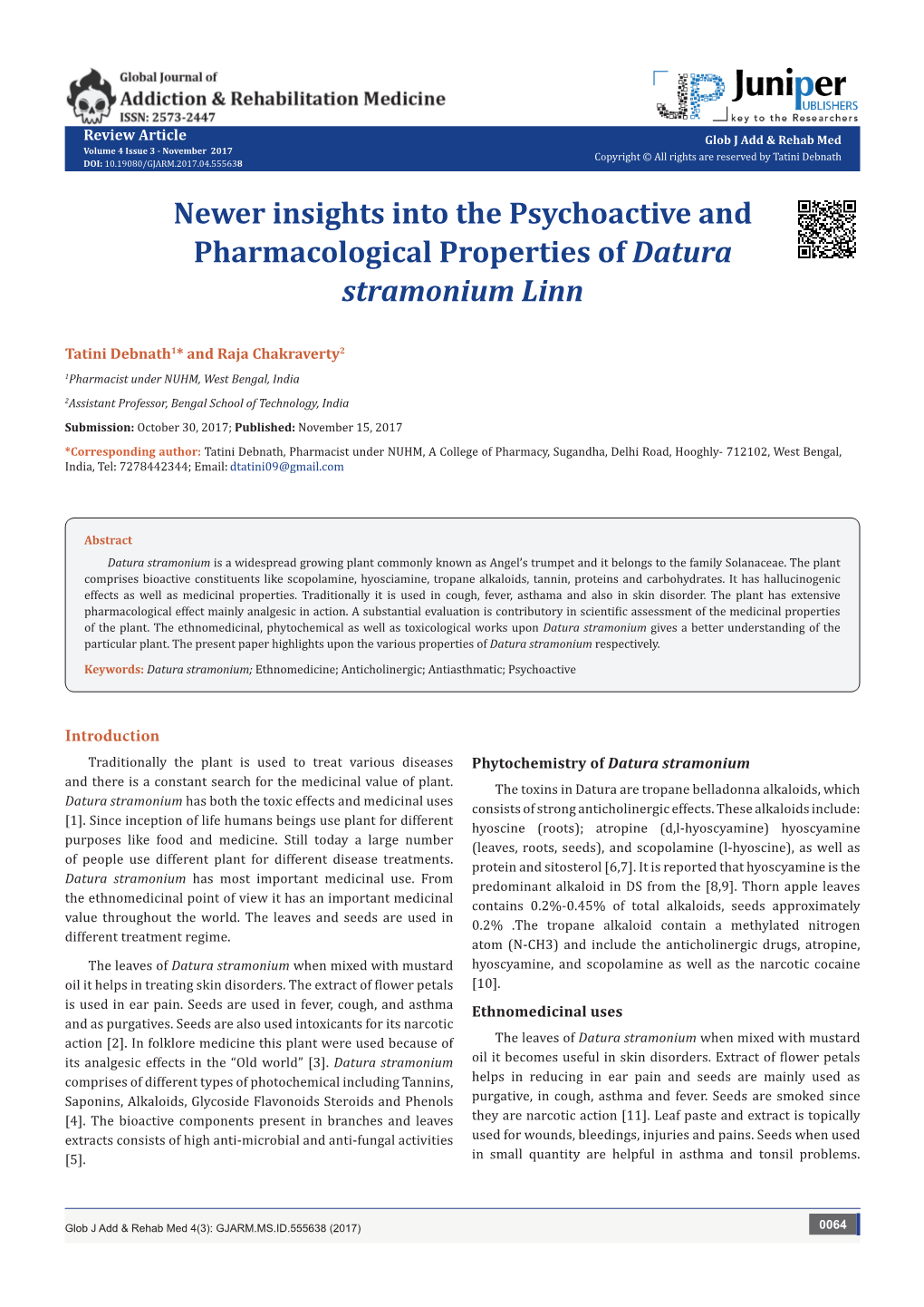 Newer Insights Into the Psychoactive and Pharmacological Properties of Datura Stramonium Linn