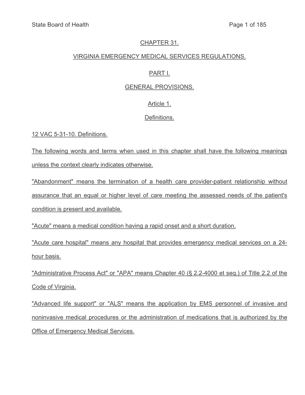 State Board of Health Page 1 of 185 CHAPTER 31. VIRGINIA