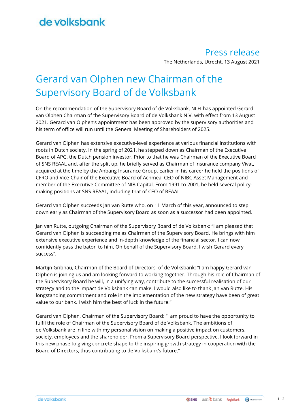 Press Release the Netherlands, Utrecht, 13 August 2021